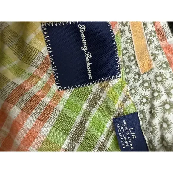 TOMMY BAHAMA Women Large Linen Cotton Plaid Long Sleeve Button Shirt Green pink - Picture 3 of 4